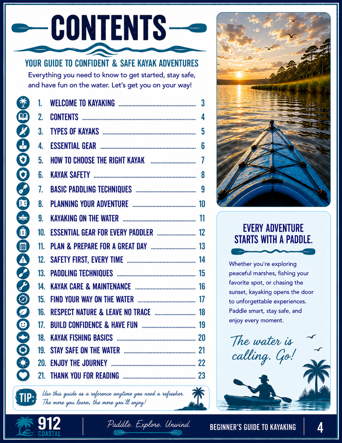 Beginner's Guide to Kayaking | 24-Page Digital PDF | Safety, Gear, Paddling Tips & Kayak Fishing | 912 Coastaligital product